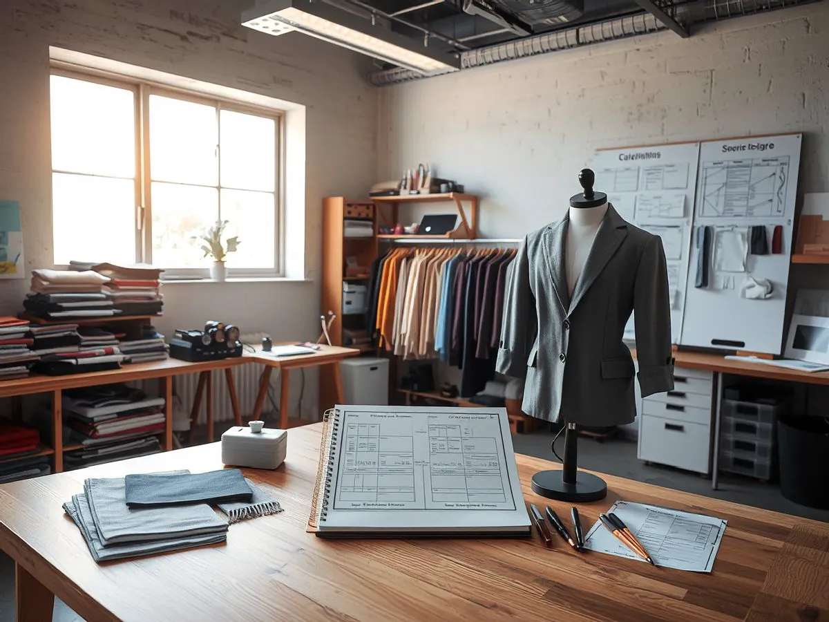 苍萨茫服装设计工作室,展示面料样品、设计图纸和样衣