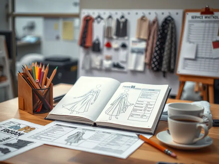 服装设计工作台,展示设计草图与面料样品