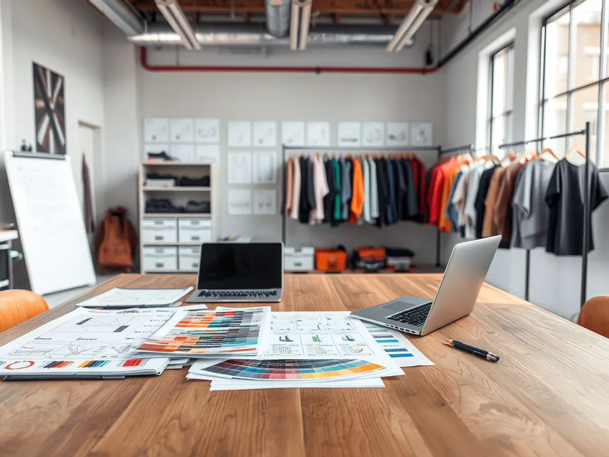 服装设计工作室内的面料样品和设计图