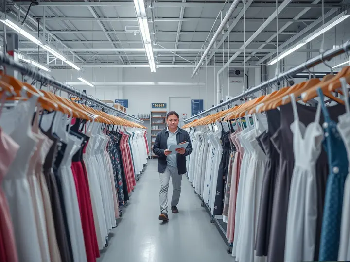 服装车间成品挂放整齐,质检员巡视