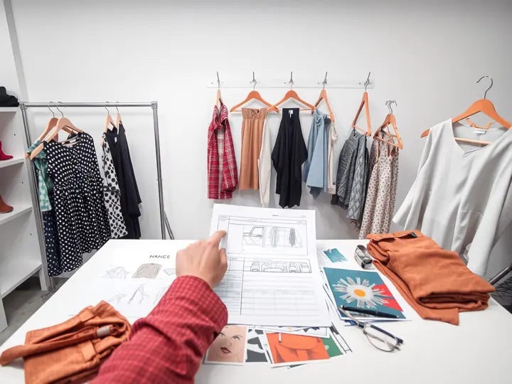 服装设计草图、面料样本和样衣展示,体现设计开发过程