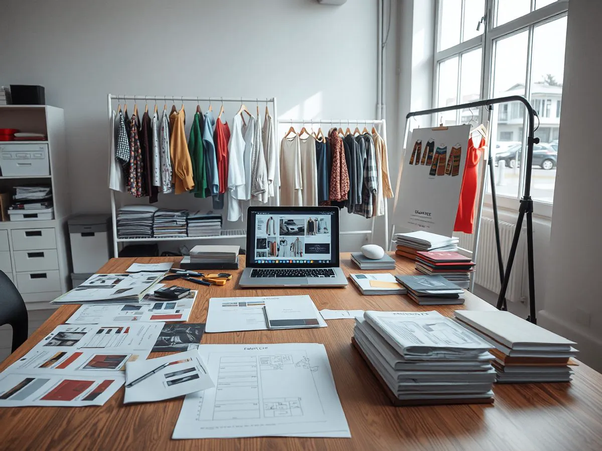 服装设计工作室，桌面上有设计图稿、面料小样和样品服装