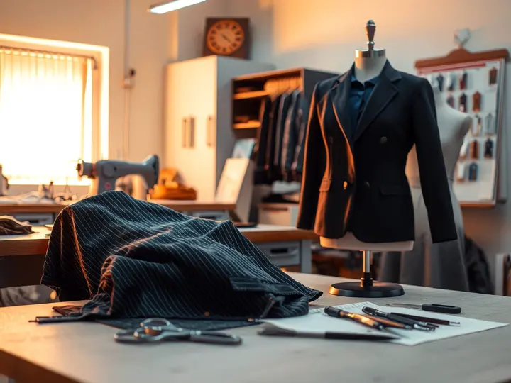 打样工作台，半成品服装和缝纫工具