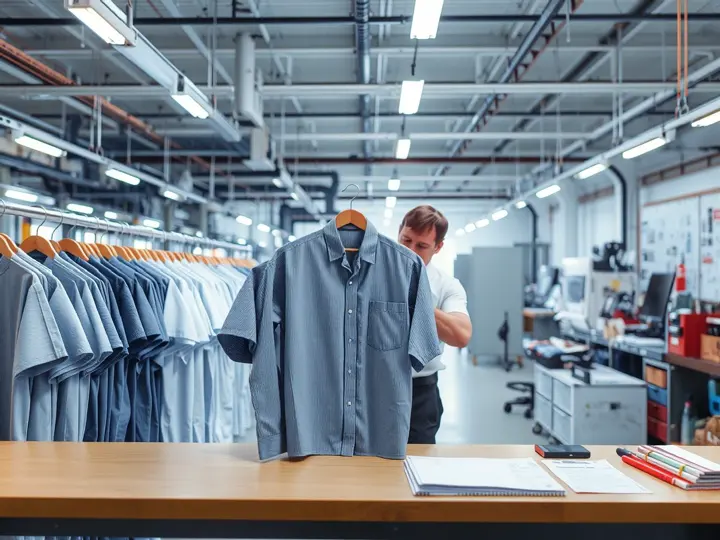 工装生产车间，质检员检查成品服装